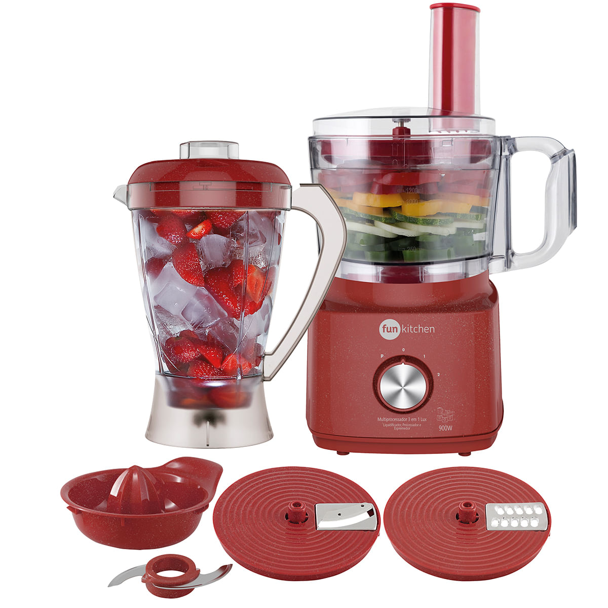 Multiprocessador Fun Kitchen Lux 3 em 1 Vermelho 900W